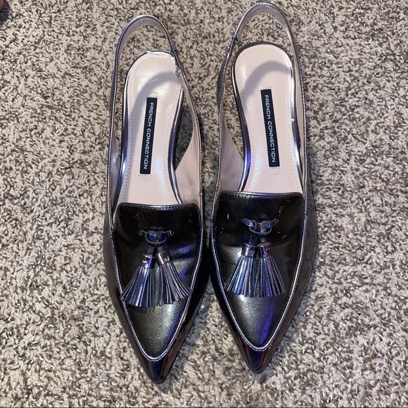 FRENCH CONNECTION SILVER TASSEL HEELS SIZE 9.5 - Picture 1 of 4